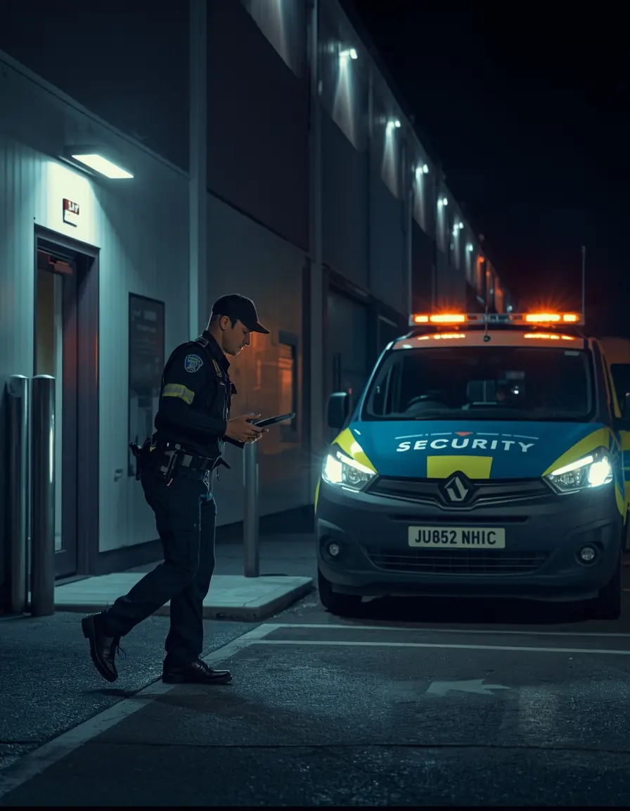 Security officer checking a commercial building at night after an alarm activation