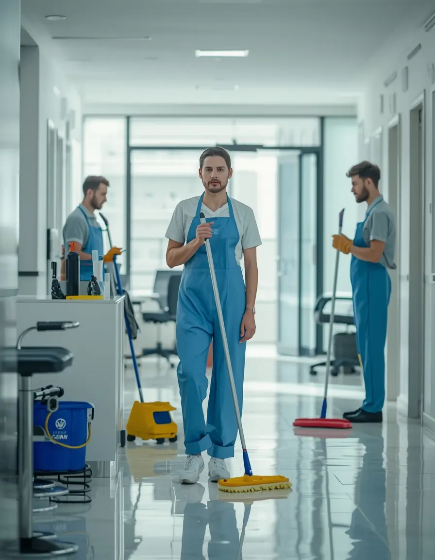 Cleaning team mopping the floor of a modern office corridor
