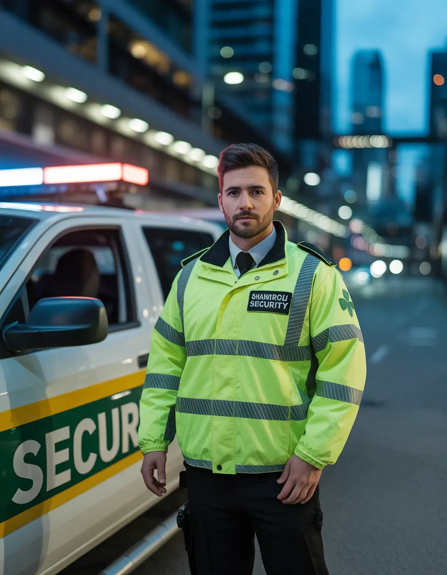 Security officer in a high-visibility jacket beside a marked patrol vehicle